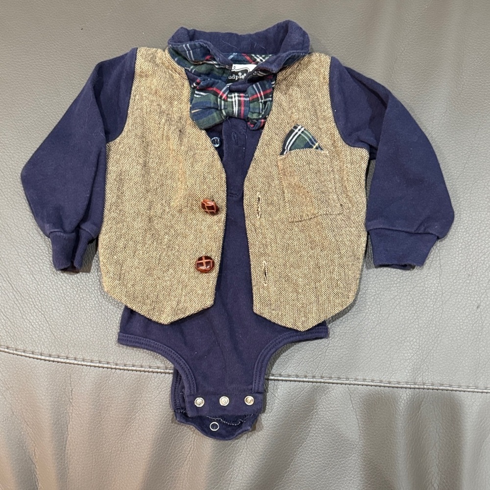 Mud Pie Navy and Tan Bodysuit with Plaid Details